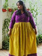 MANYA  - YELLOW AND PURPLE HANDLOOM COTTON - Comfy beautiful print long anarkali - Label Zivara