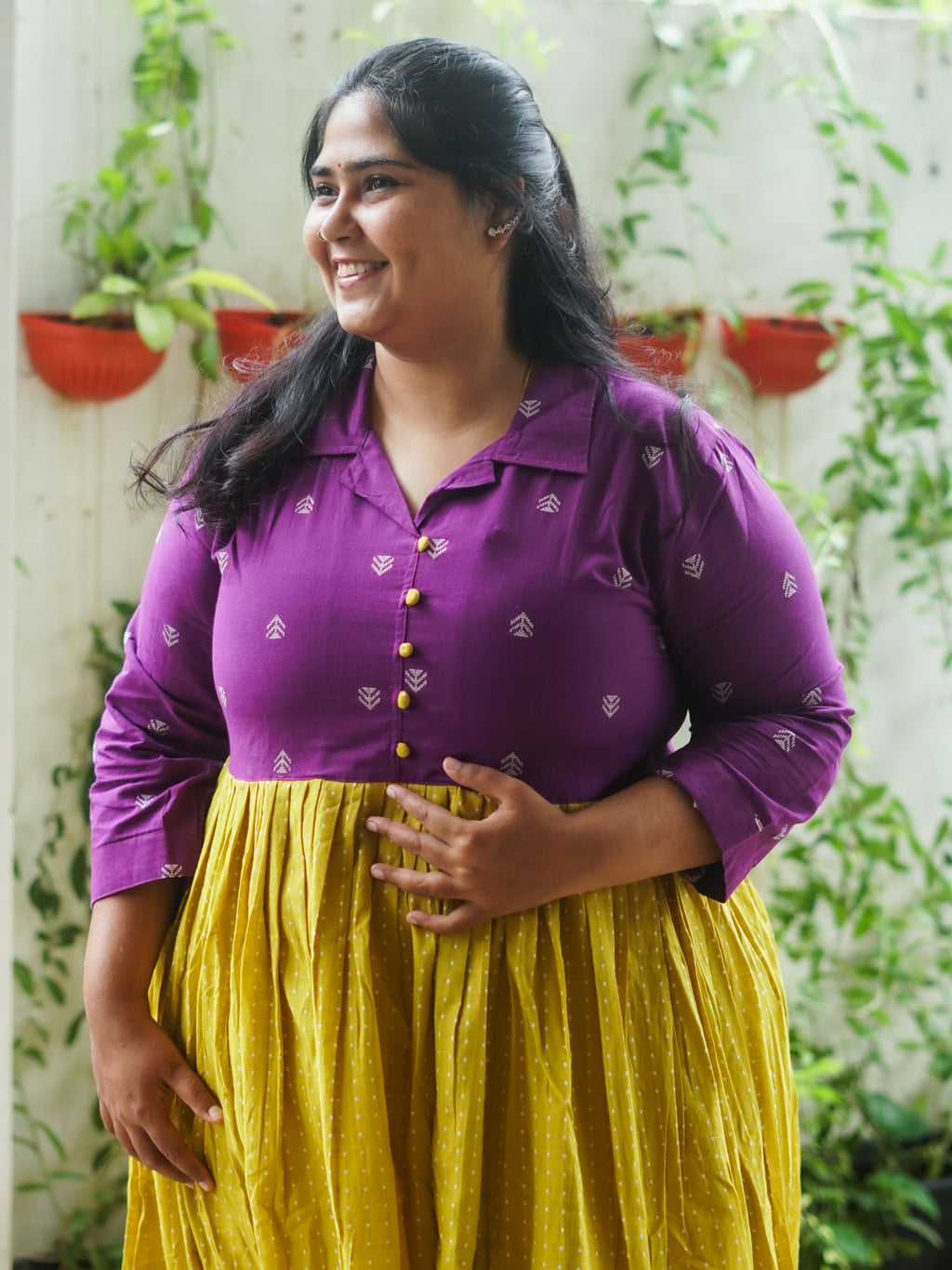 MANYA  - YELLOW AND PURPLE HANDLOOM COTTON - Comfy beautiful print long anarkali - Label Zivara