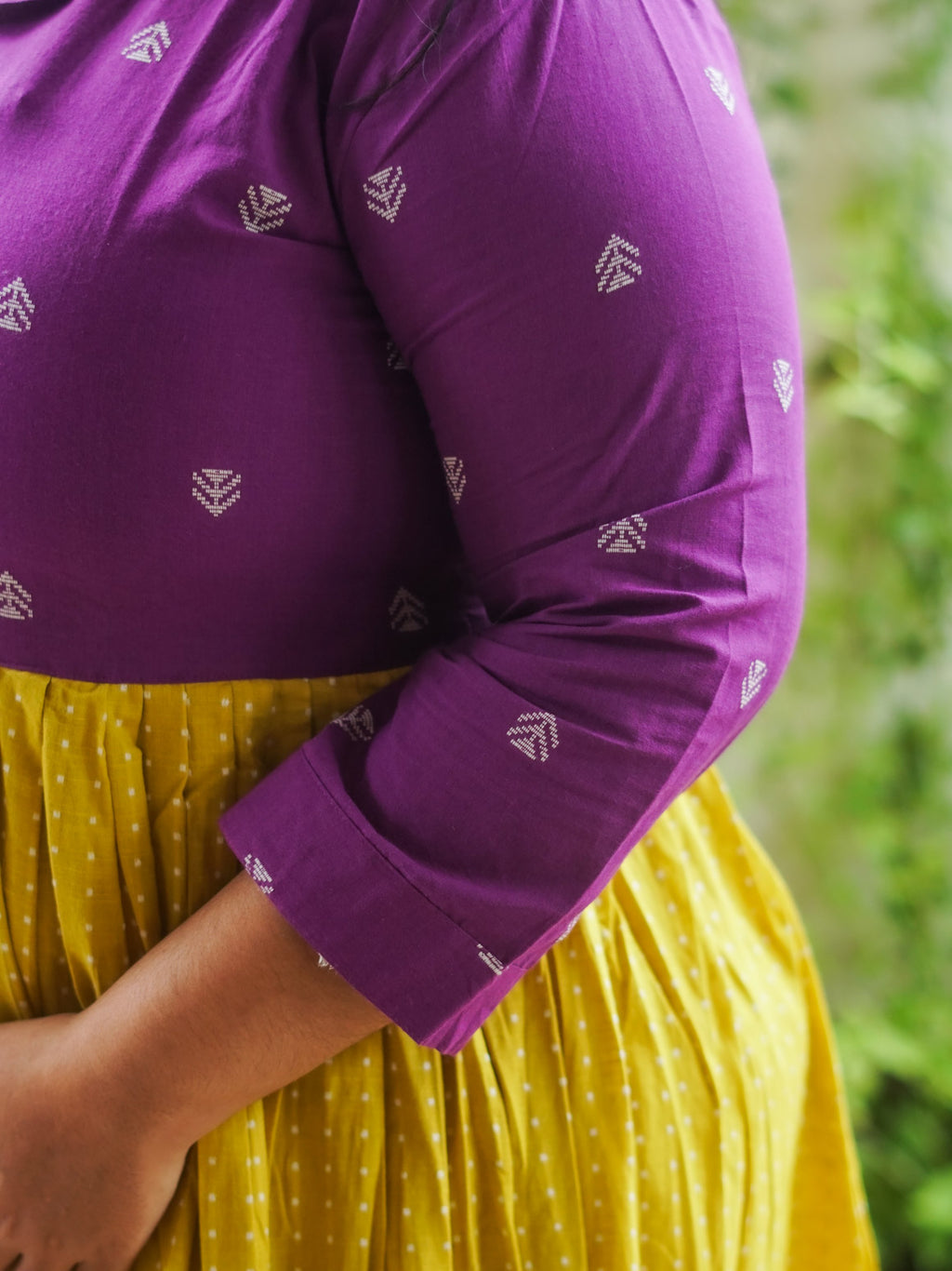 MANYA  - YELLOW AND PURPLE HANDLOOM COTTON - Comfy beautiful print long anarkali - Label Zivara