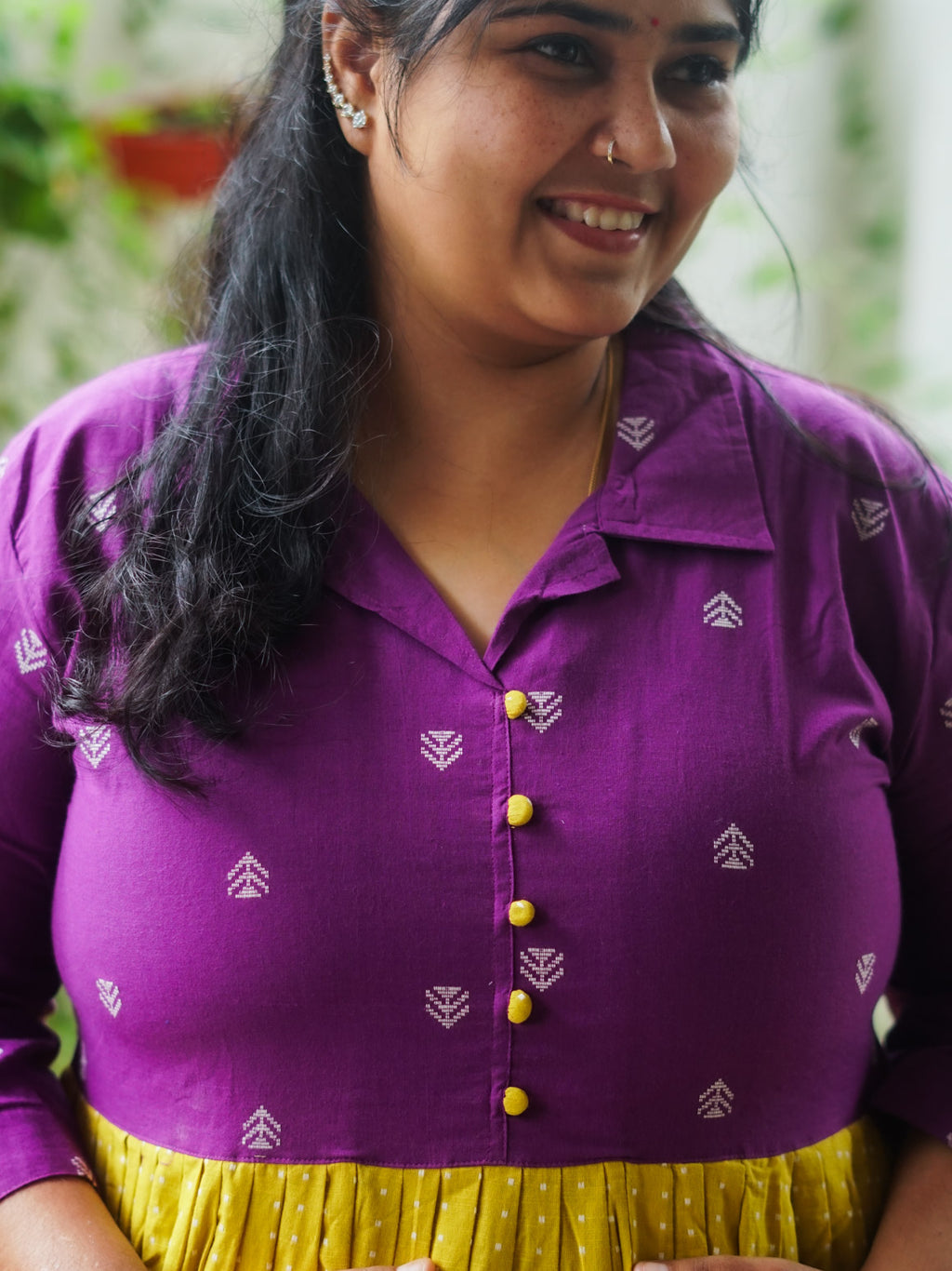 MANYA  - YELLOW AND PURPLE HANDLOOM COTTON - Comfy beautiful print long anarkali - Label Zivara