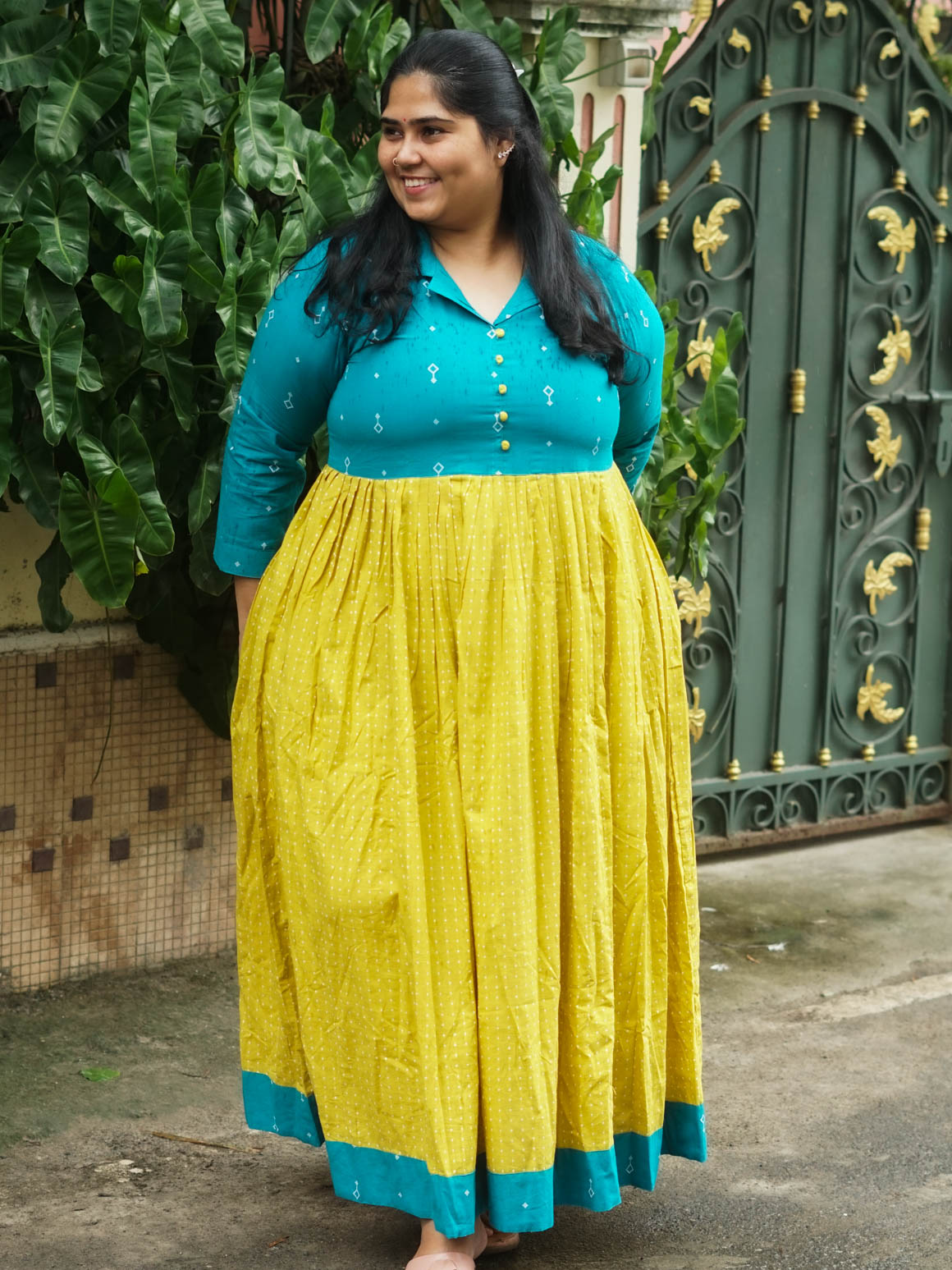 MANYA  - YELLOW AND BLUE HANDLOOM COTTON - Comfy beautiful print long anarkali - Label Zivara