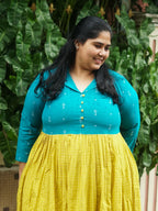 MANYA  - YELLOW AND BLUE HANDLOOM COTTON - Comfy beautiful print long anarkali - Label Zivara