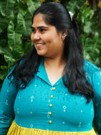 MANYA  - YELLOW AND BLUE HANDLOOM COTTON - Comfy beautiful print long anarkali - Label Zivara