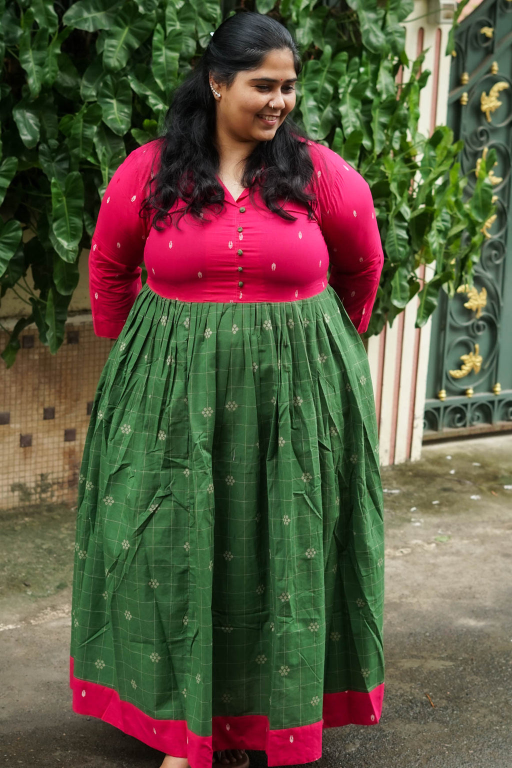 MANYA  - PINK AND GREEN HANDLOOM COTTON - Comfy beautiful print long anarkali - Label Zivara