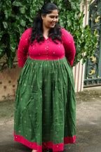 MANYA  - PINK AND GREEN HANDLOOM COTTON - Comfy beautiful print long anarkali - Label Zivara