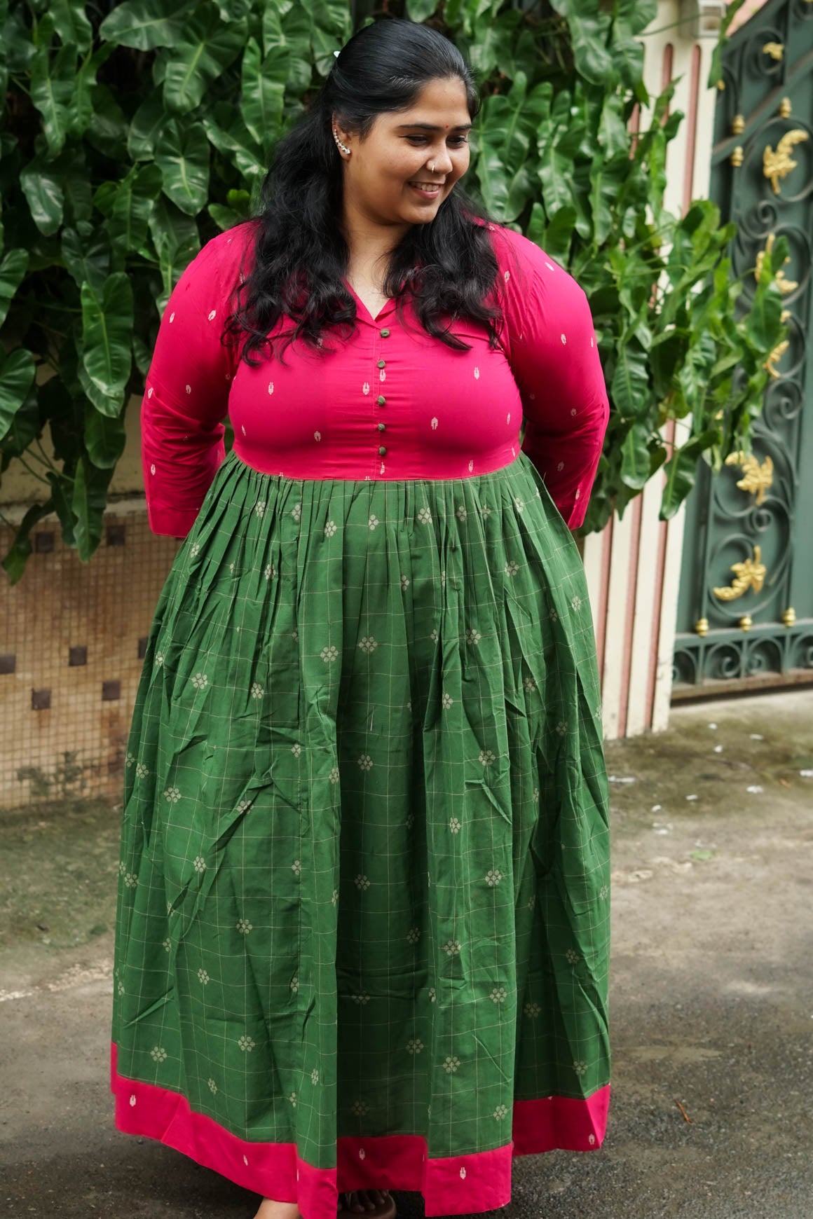 MANYA  - PINK AND GREEN HANDLOOM COTTON - Comfy beautiful print long anarkali - Label Zivara