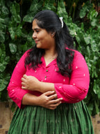 MANYA  - PINK AND GREEN HANDLOOM COTTON - Comfy beautiful print long anarkali - Label Zivara