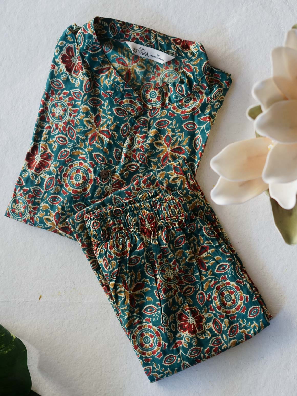 Mahi  -GREEN FLORAL PRINT - Colourful cotton everyday COMFY wear and office wear coord sets for women- Label Zivara