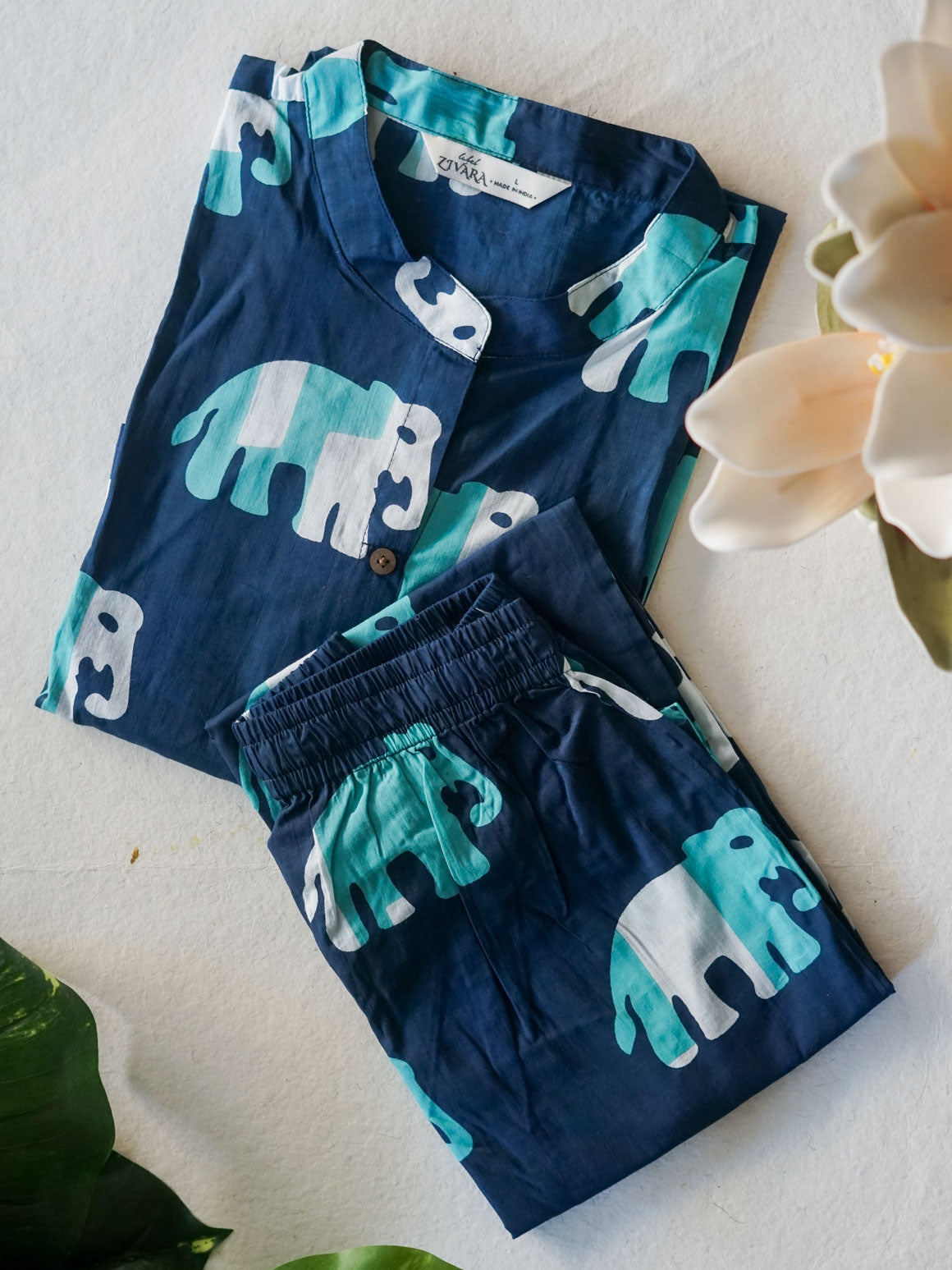 Mahi  -BLUE ELEPHANT PRINT - Colourful cotton everyday COMFY wear and office wear coord sets for women- Label Zivara