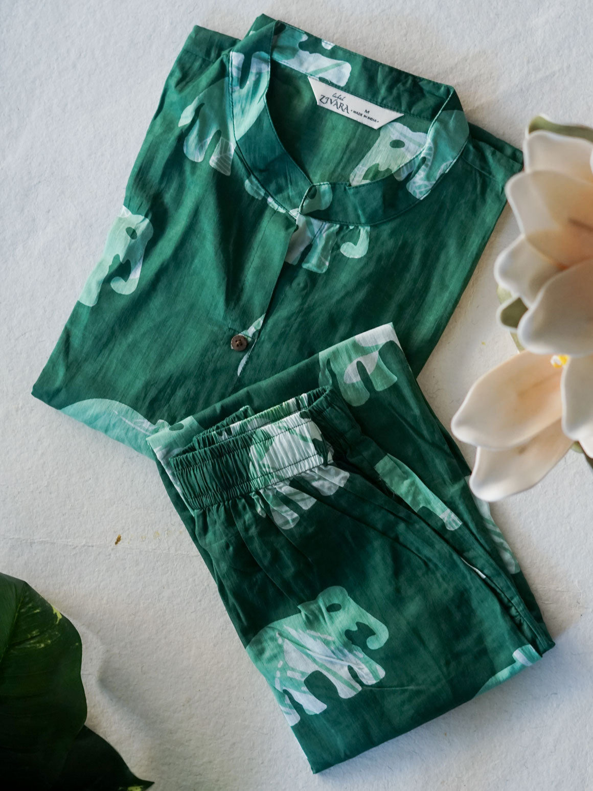Mahi  -GREEN ELEPHANT PRINT - Colourful cotton everyday COMFY wear and office wear coord sets for women- Label Zivara
