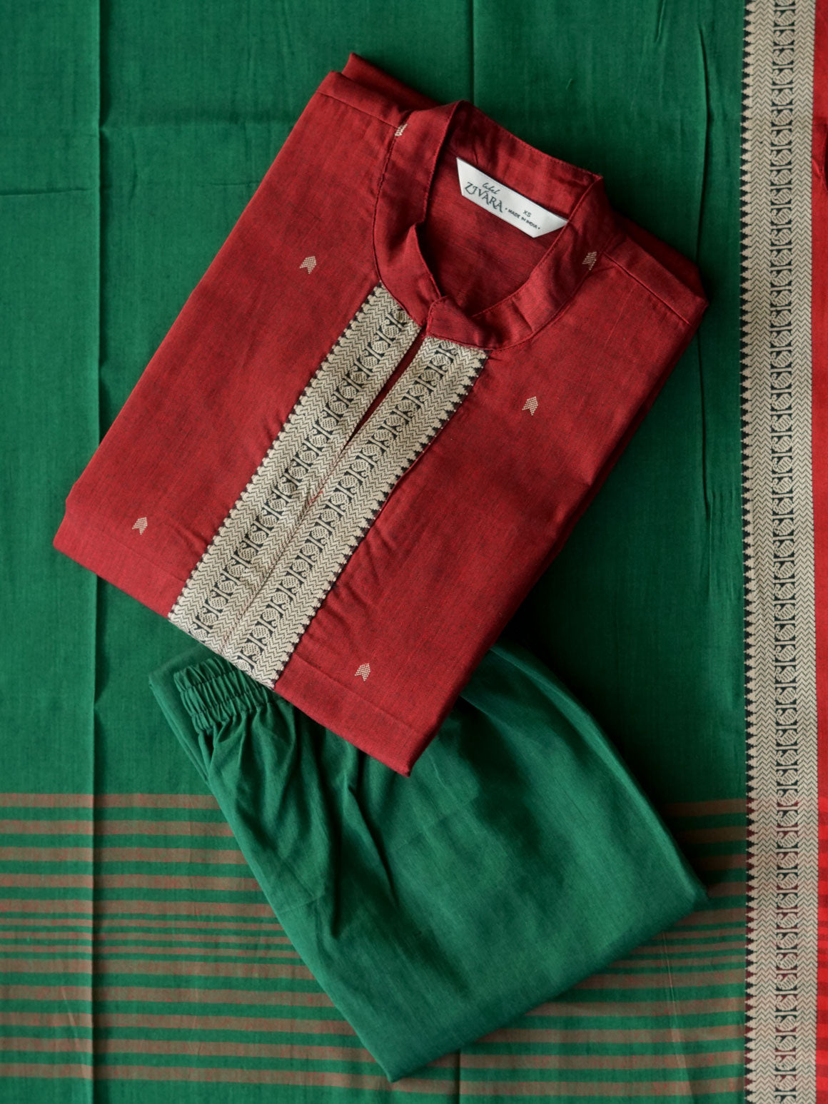 PREORDER - Punya   - Red and green mangalagiri OFFICE WEARS- HANDLOOM COTTON- SALWAR SUIT WITH DUPATTA - LABEL ZIVARA