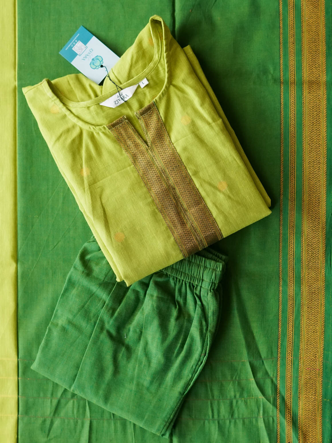 PREORDER - Punya - Lime Yellow and green mangalagiri OFFICE WEARS- HANDLOOM COTTON- SALWAR SUIT WITH DUPATTA - LABEL ZIVARA