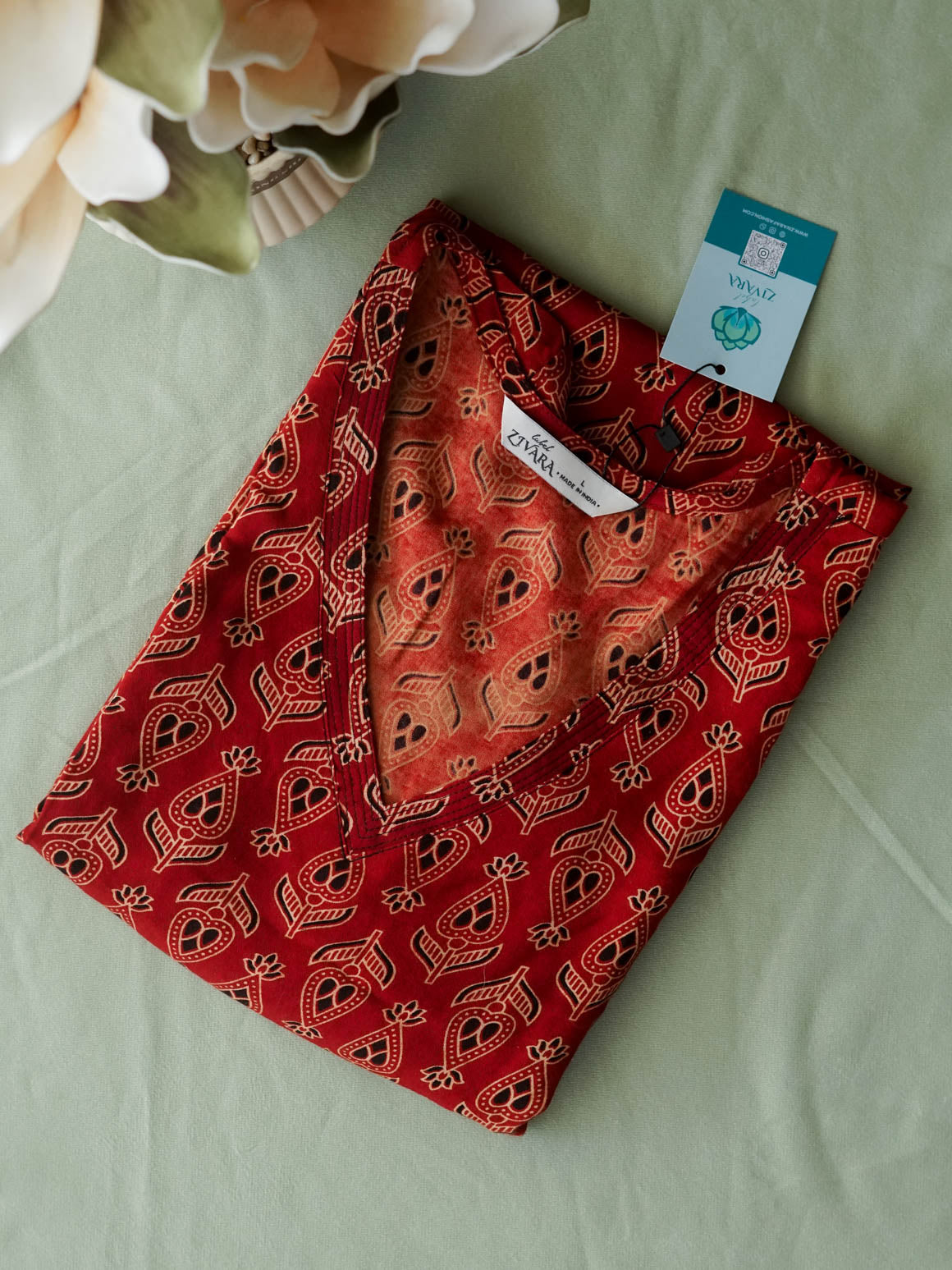 Mira-REDDISH MAROON AJRAKH VEGETABLE HANDBLOCK PRINT -Trending print cotton straight cut kurthi for office wear - LABEL ZIVARA