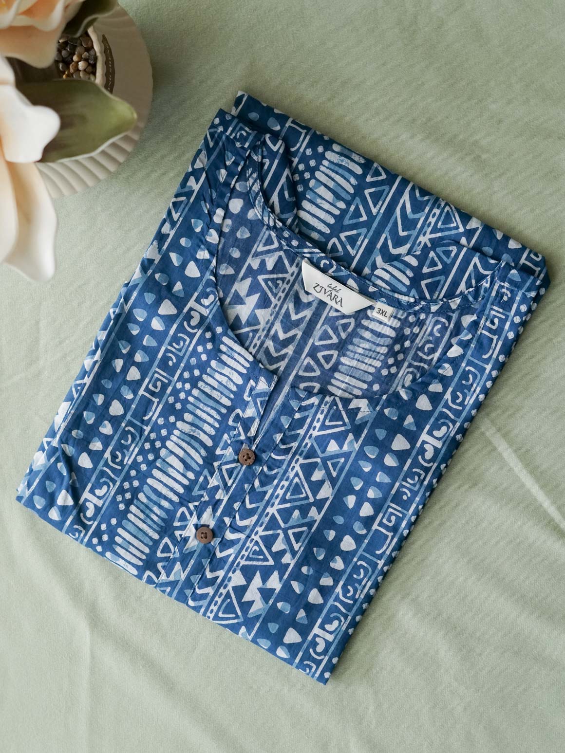 Mira-Light Blue indigo  -Trending print cotton straight cut kurthi for office wear - LABEL ZIVARA