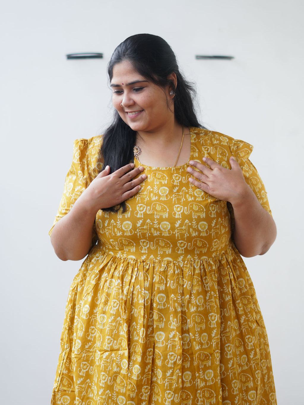 Manvi - Mustard Animal print COMFY maxi for women - Label Zivara