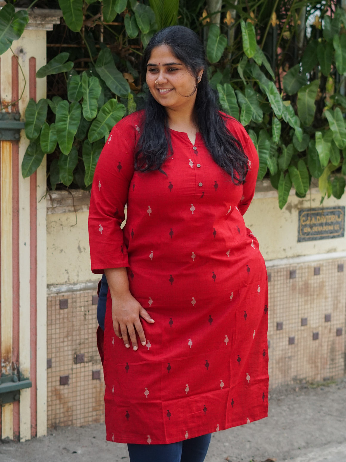 Mira -RED HANDLOOM -Trending print cotton straight cut kurti for office wear - LABEL ZIVARA