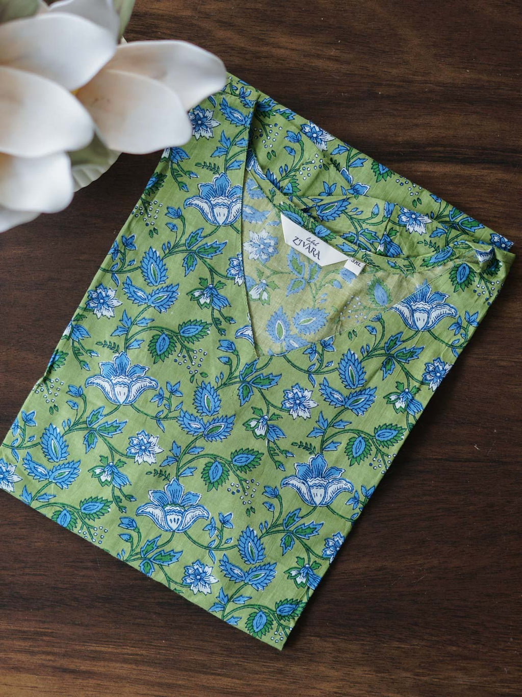 Mira - GREEN AND BLUE LEAF  -Trending print cotton straight cut kurti for office wear - LABEL ZIVARA