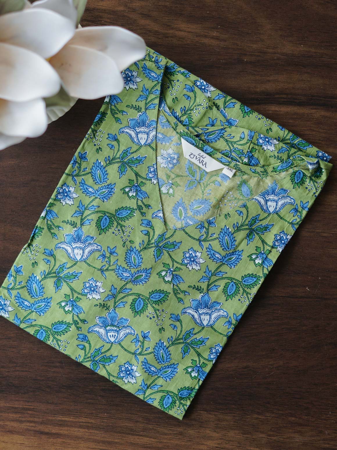 Mira - GREEN AND BLUE LEAF  -Trending print cotton straight cut kurti for office wear - LABEL ZIVARA