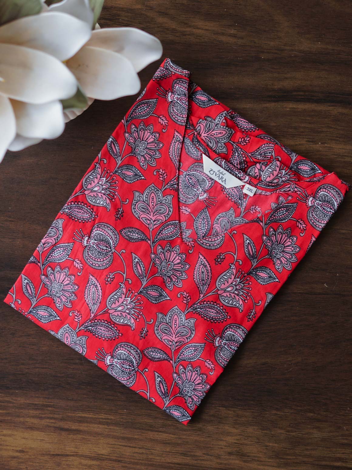 Mira -RED FLORAL -Trending print cotton straight cut kurti for office wear - LABEL ZIVARA