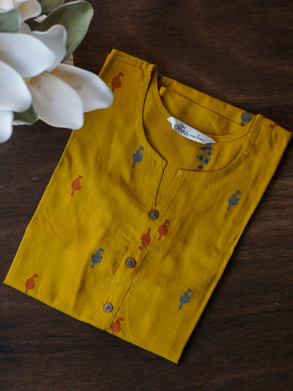 Mira -YELLOW HANDLOOM -Trending print cotton straight cut kurti for office wear - LABEL ZIVARA