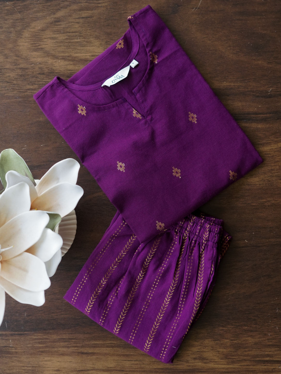 PURPLE - MONA - COMFY AND OFFICE WEAR pure handloom cotton pre-washed Full length straight cut coord sets for women- Label Zivara