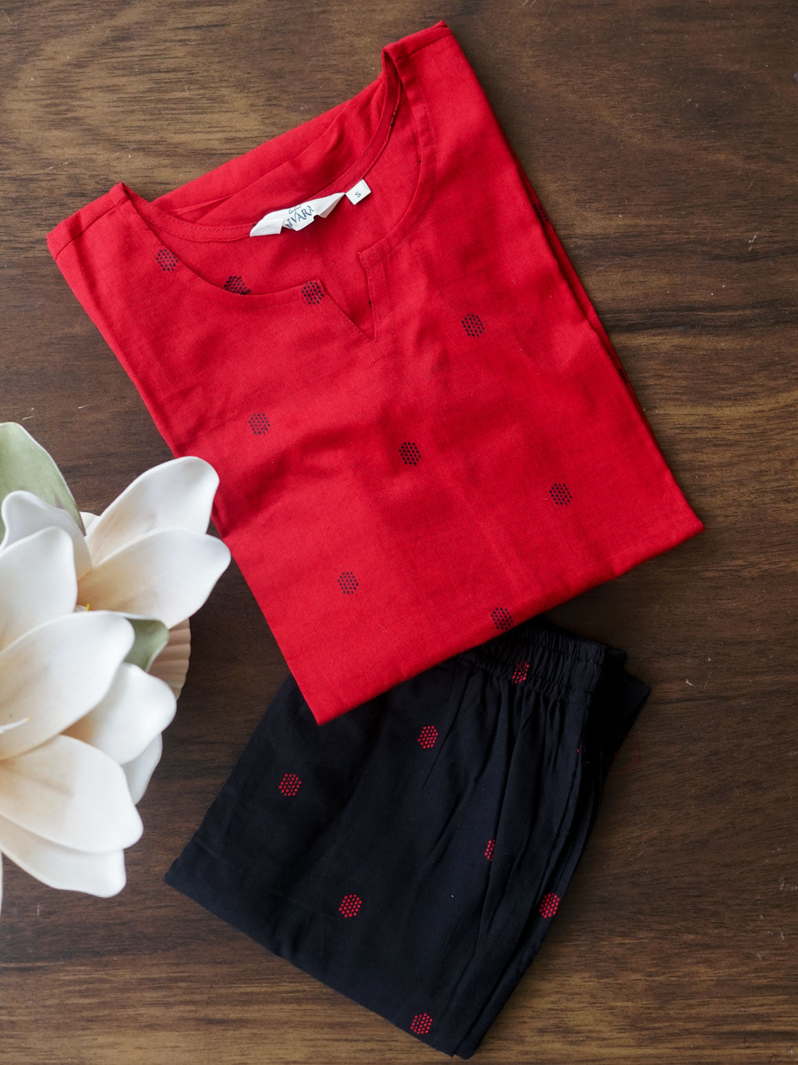 RED AND BLACK - MONA - COMFY AND OFFICE WEAR pure handloom cotton pre-washed Full length straight cut coord sets for women- Label Zivara