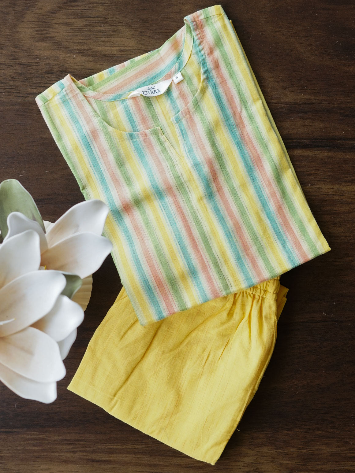 MULTICOLOUR  - MONA - COMFY AND OFFICE WEAR pure handloom cotton pre-washed Full length straight cut coord sets for women- Label Zivara