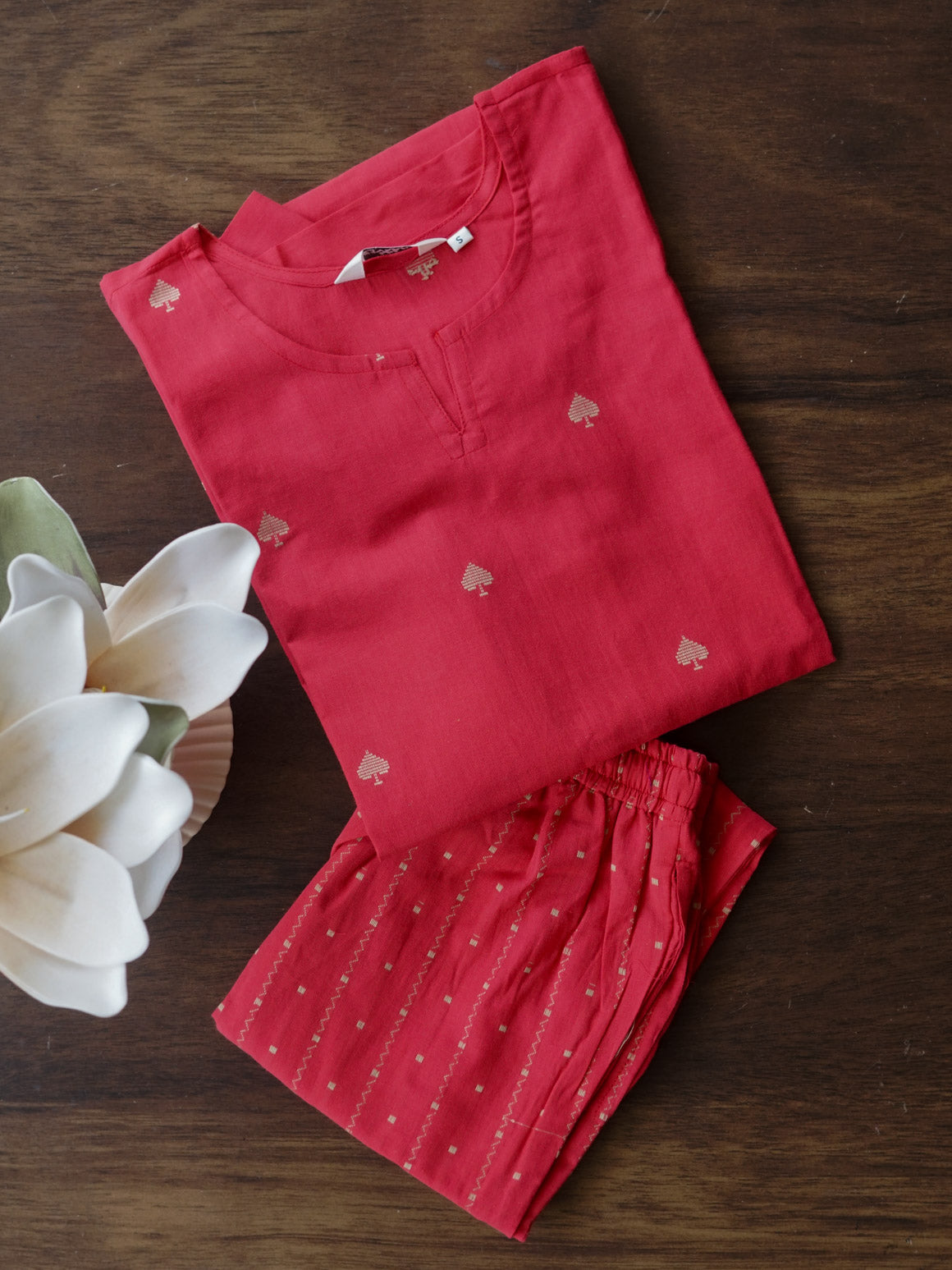 PEACH HEART BUTTA - MONA - COMFY AND OFFICE WEAR pure handloom cotton pre-washed Full length straight cut coord sets for women- Label Zivara