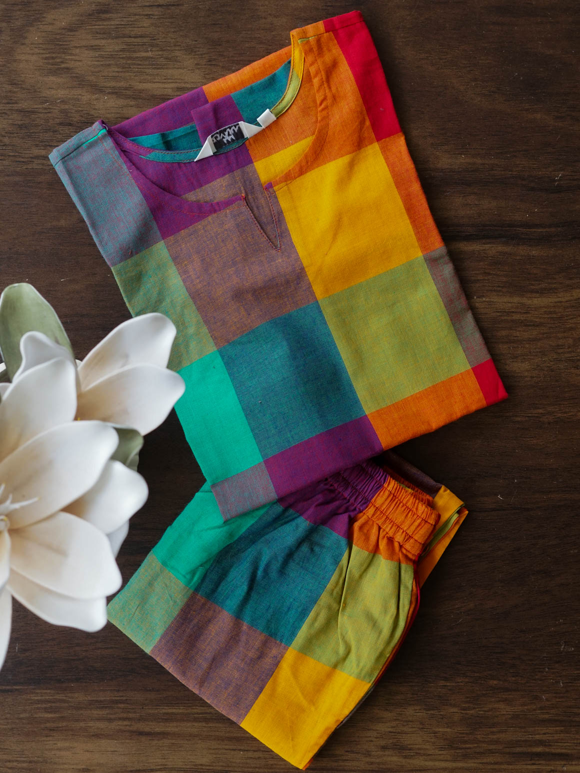 MADRAS CHECK - MONA - COMFY AND OFFICE WEAR pure handloom cotton pre-washed Full length straight cut coord sets for women- Label Zivara