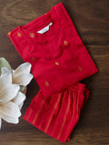 RED  - MONA - COMFY AND OFFICE WEAR pure handloom cotton pre-washed Full length straight cut coord sets for women- Label Zivara