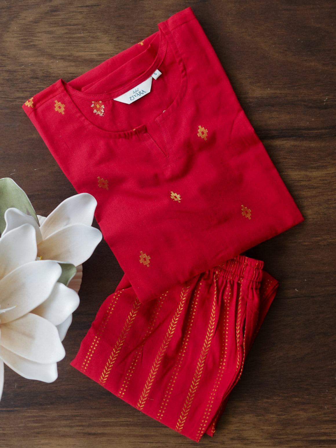 RED  - MONA - COMFY AND OFFICE WEAR pure handloom cotton pre-washed Full length straight cut coord sets for women- Label Zivara