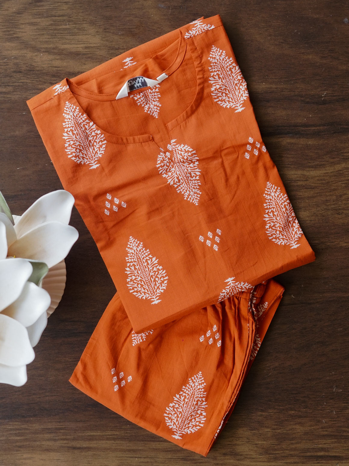 ORANGE - MONA - COMFY AND OFFICE WEAR pure handloom cotton pre-washed Full length straight cut coord sets for women- Label Zivara