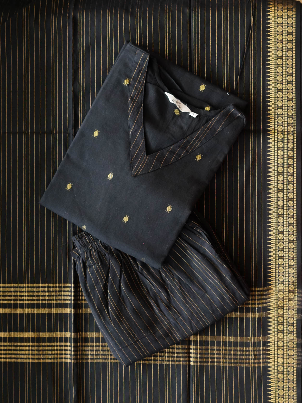 PREORDER - Kuzhali - Black  OFFICE WEARS - HANDLOOM COTTON- SALWAR SUIT WITH DUPATTA - LABEL ZIVARA
