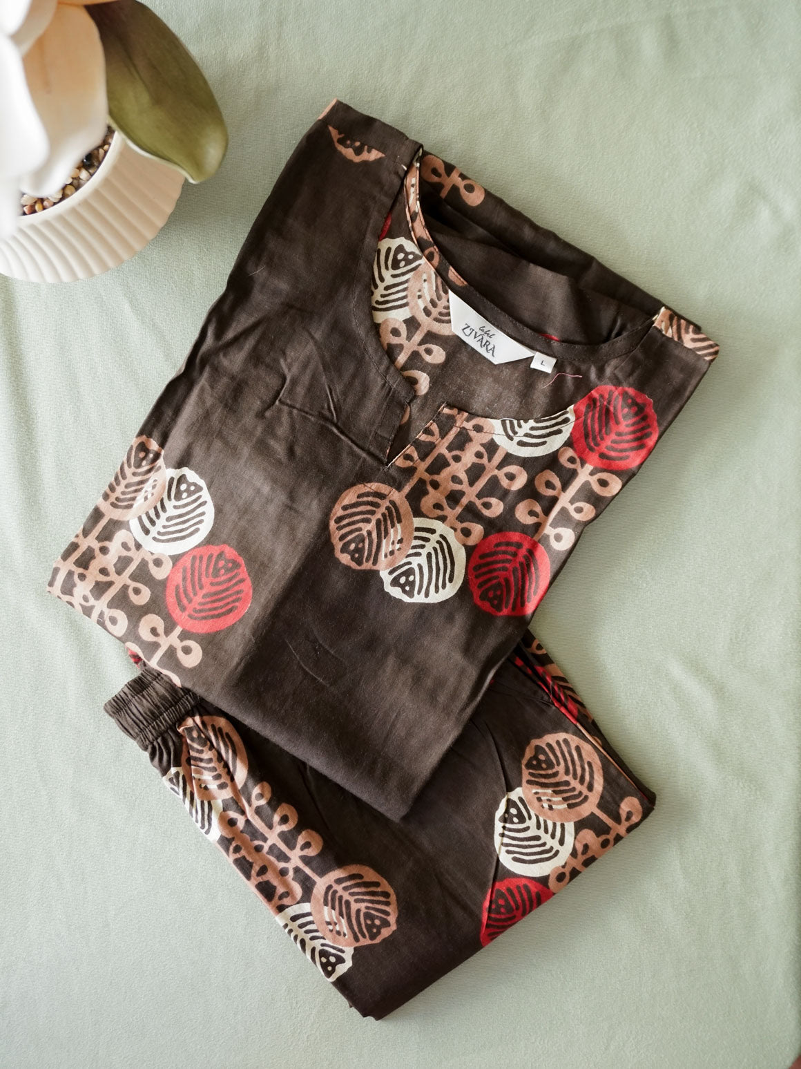 Imai- FLORAL CHOCOLATE -  COMFY AND OFFICE WEAR COTTON Full length straight cut coord sets for women- Label Zivara