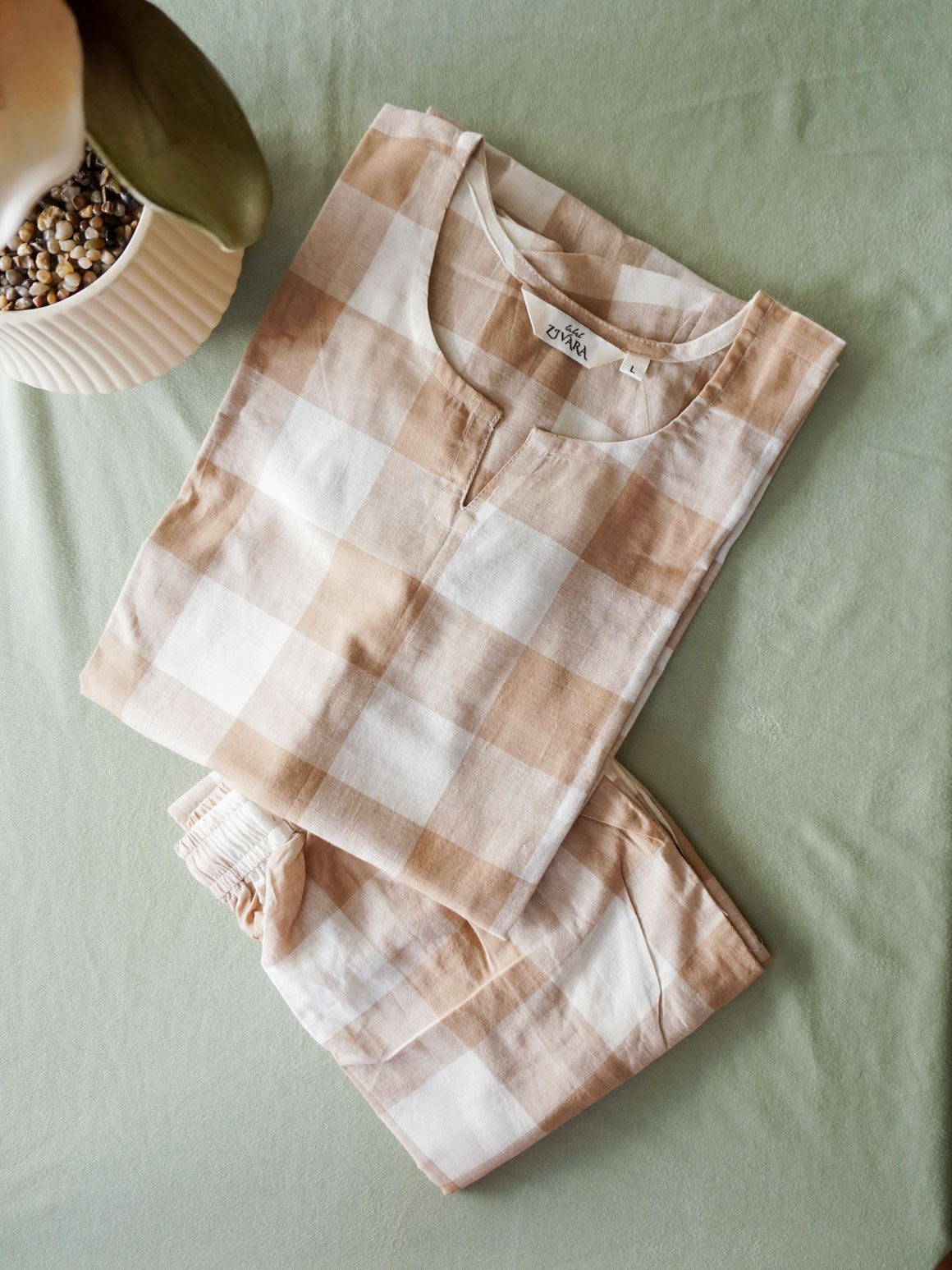 Imai- BEIGE CHECKS -  COMFY AND OFFICE WEAR COTTON Full length straight cut coord sets for women- Label Zivara