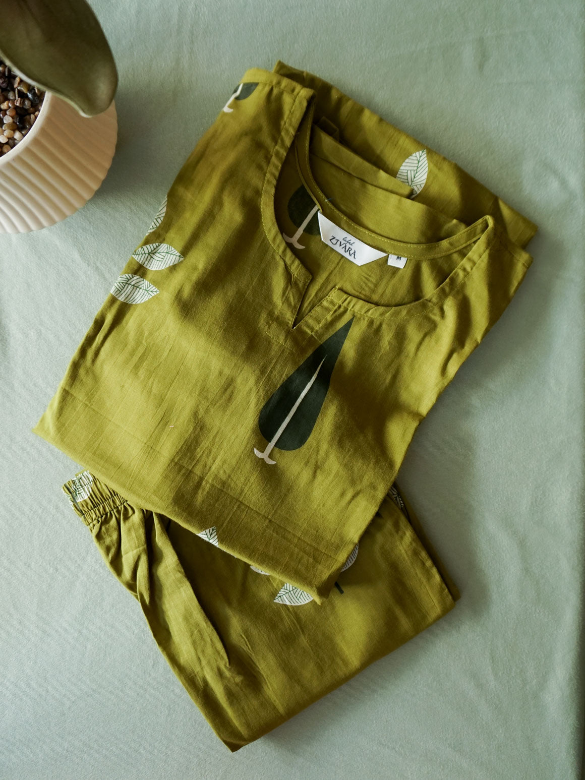 Imai- GREEN LEAF -  COMFY AND OFFICE WEAR COTTON Full length straight cut coord sets for women- Label Zivara