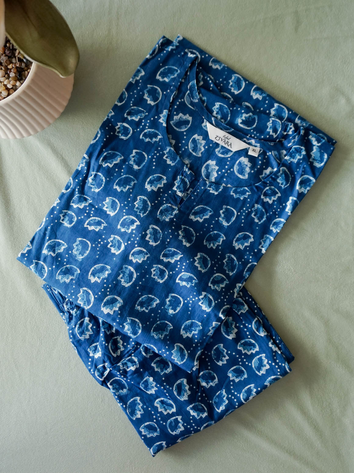 Imai- BLUE INDIGO JELLY FISH -  COMFY AND OFFICE WEAR COTTON Full length straight cut coord sets for women- Label Zivara