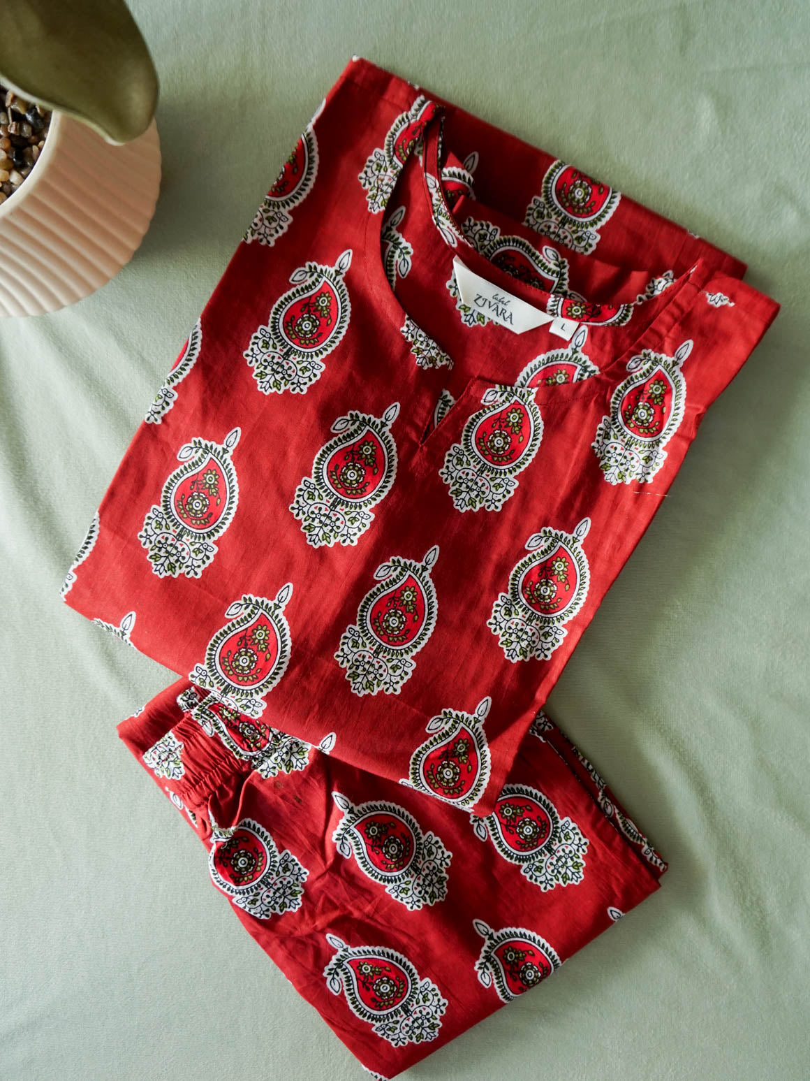 Imai- RED -  COMFY AND OFFICE WEAR COTTON Full length straight cut coord sets for women- Label Zivara