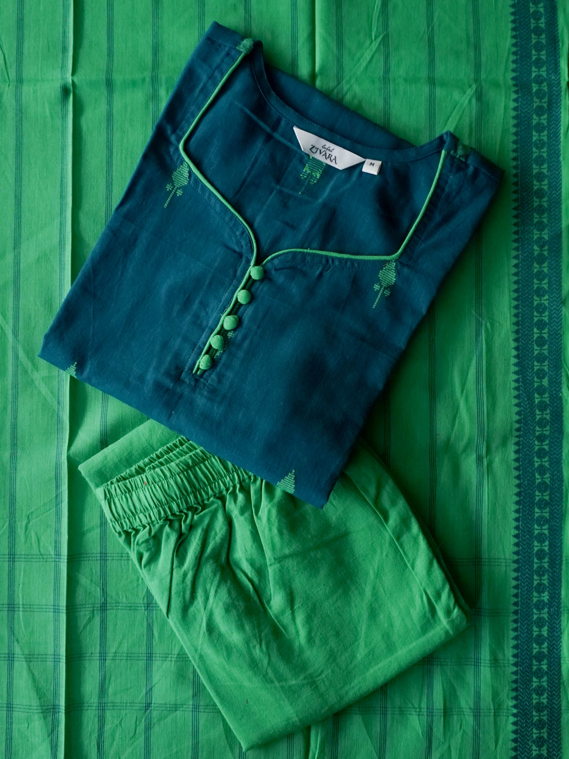 PREORDER - Sampoorna - blue and green  OFFICE WEARS- HANDLOOM mangalgiri COTTON- SALWAR SUIT WITH DUPATTA - LABEL ZIVARA
