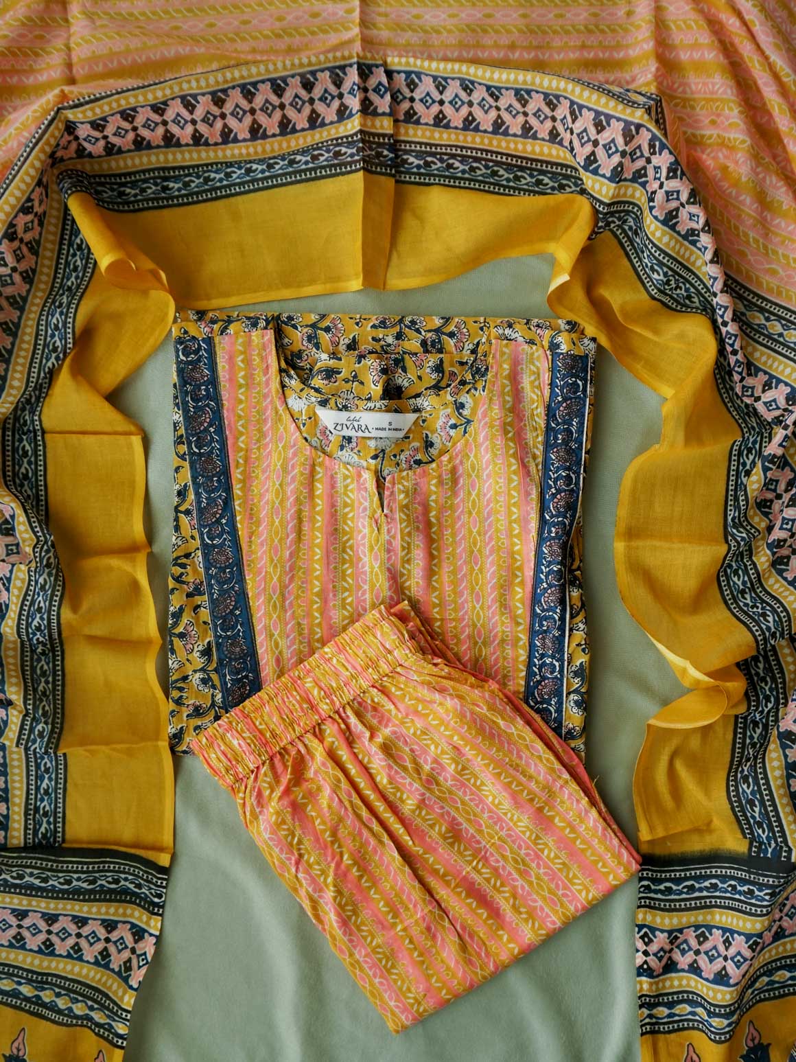 PREORDER -  ABINAYA -  MUSTARD YELLOW WITH DARK BLUE  - OFFICE WEARS - JAIPUR COTTON - SALWAR SUIT WITH DUPATTA - LABEL ZIVARA