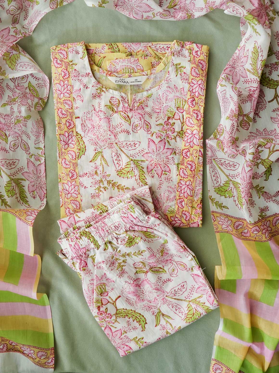 PREORDER -  ABINAYA - YELLOW PINK FLORAL  - OFFICE WEARS - JAIPUR COTTON - SALWAR SUIT WITH DUPATTA - LABEL ZIVARA