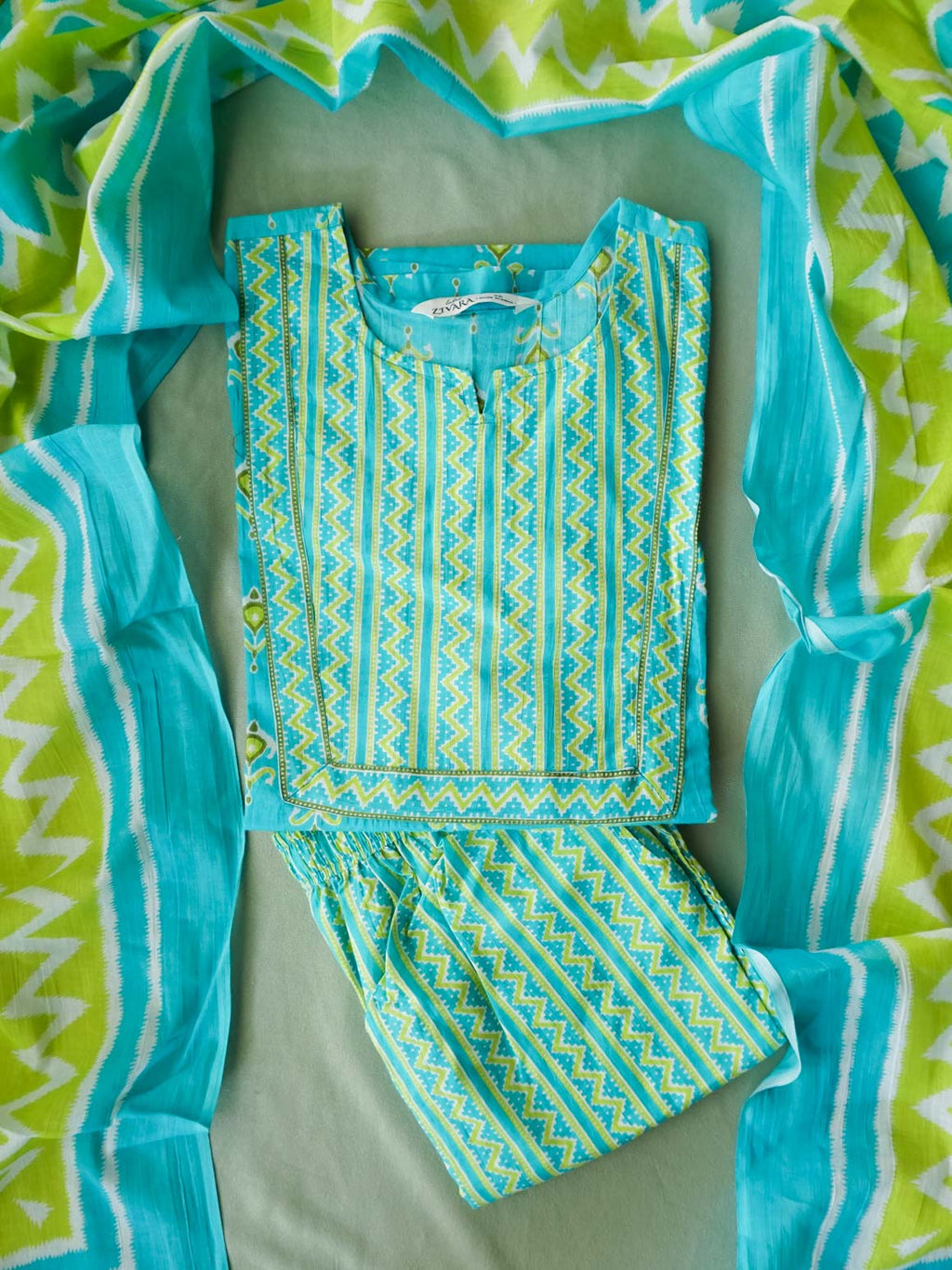 ABINAYA -  SKY BLUE WITH PARROT GREEN  - OFFICE WEARS - JAIPUR COTTON - SALWAR SUIT WITH DUPATTA - LABEL ZIVARA