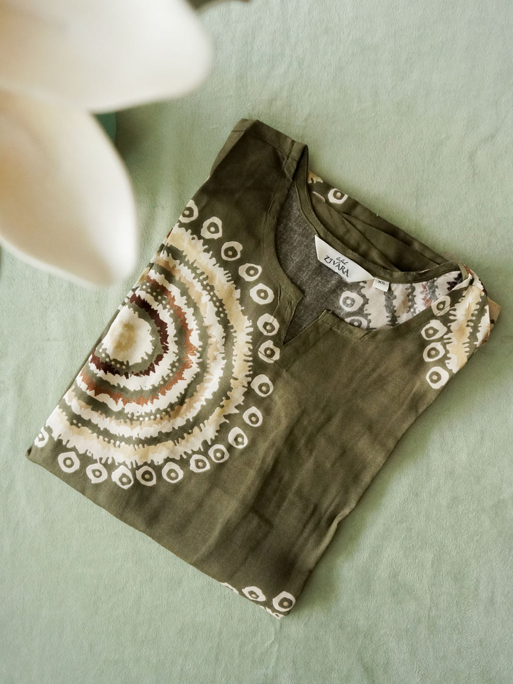 ANVI -  DARK OLIVE CIRCLE  - Trending print VISCOSE straight cut kurti for office wear - LABEL ZIVARA