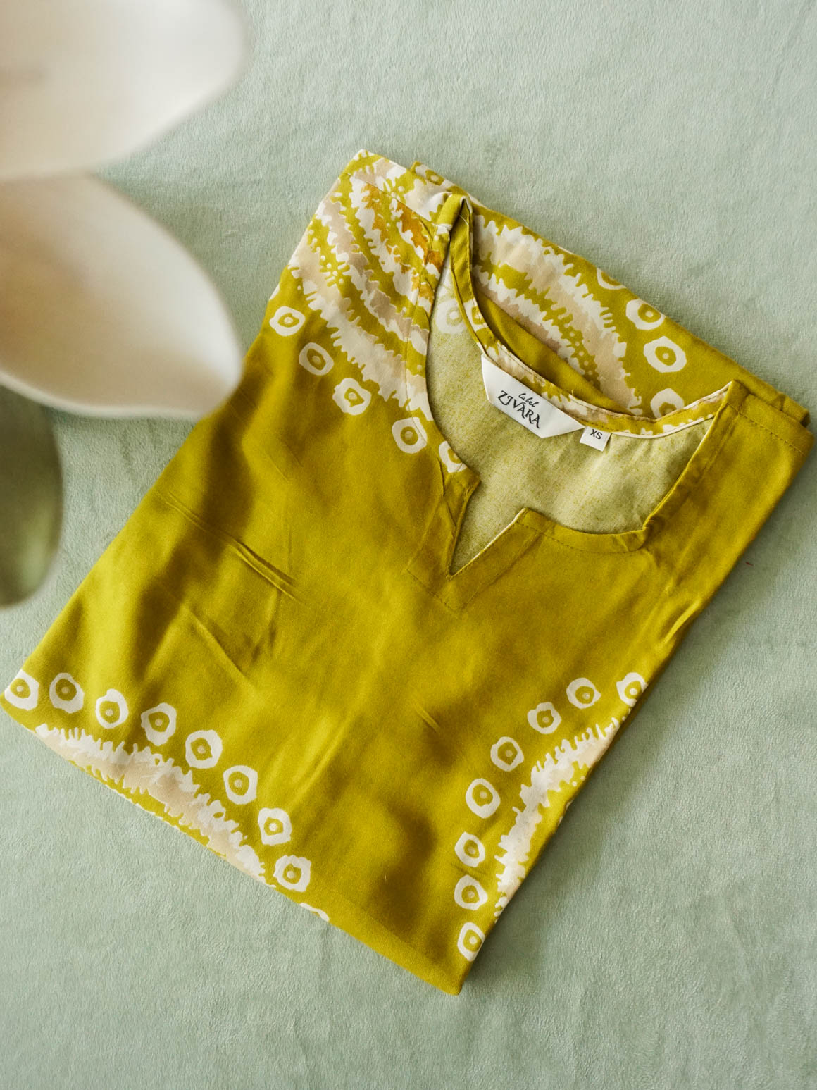 ANVI - MUSTARD GREEN  BANDHANI  - Trending print VISCOSE straight cut kurti for office wear - LABEL ZIVARA