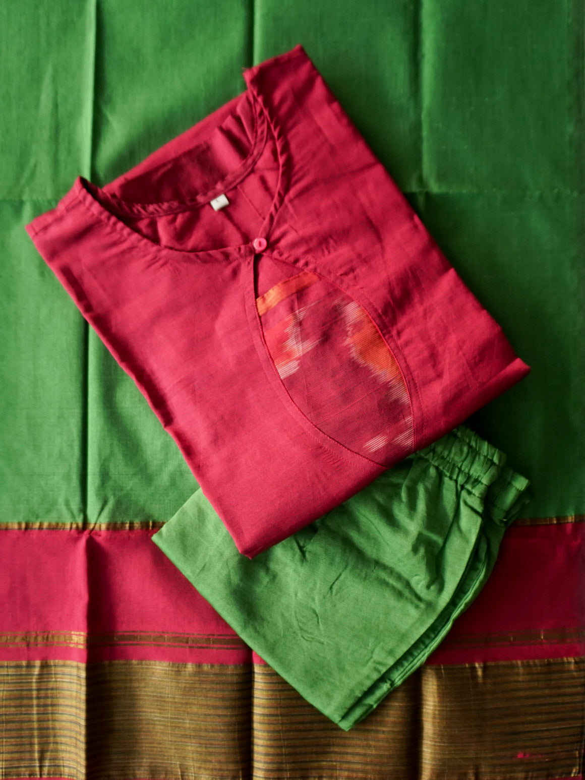 PREORDER - MULLAI  - PINK  and GREEN Pochampally 3 piece suit set - SALWAR SUIT WITH DUPATTA - LABEL ZIVARA