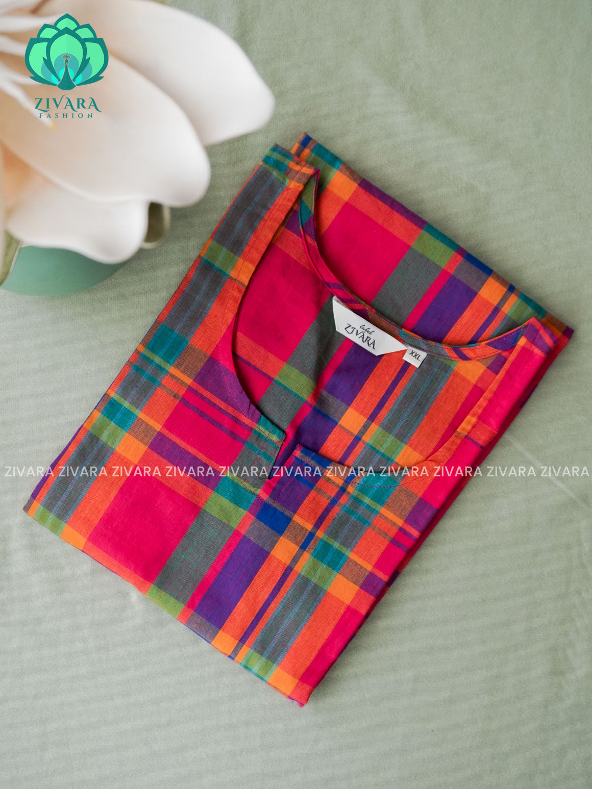 MADRAS CHECKS - Mira - OFFICE WEAR Woven pure handloom cotton pre-washed Full length flared straight cut kurti for women- Label Zivara