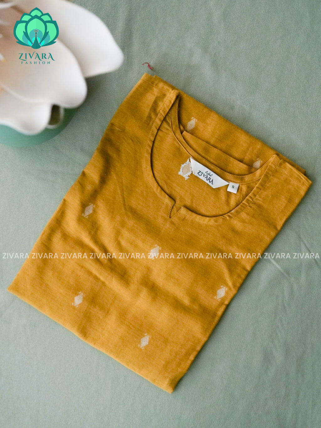 MUSTARD YELLOW jamdani weaving - Mira - OFFICE WEAR Woven pure handloom cotten pre-washed Full length flared straight cut kurti for women- Label Zivara