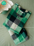 GREEN WHITE CHECKS - TAMIRA - COMFY AND OFFICE WEAR pure handloom cottonFull length A- LINE  coord sets for women- Label Zivara