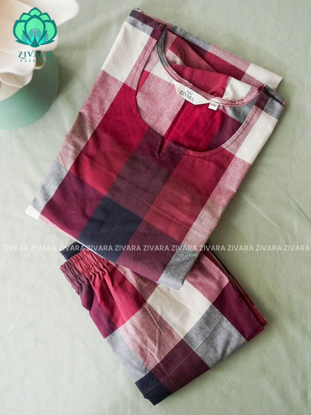 RUBY WHITE CHECKS - TAMIRA - COMFY AND OFFICE WEAR pure handloom cotton Full length A- LINE  coord sets for women- Label Zivara