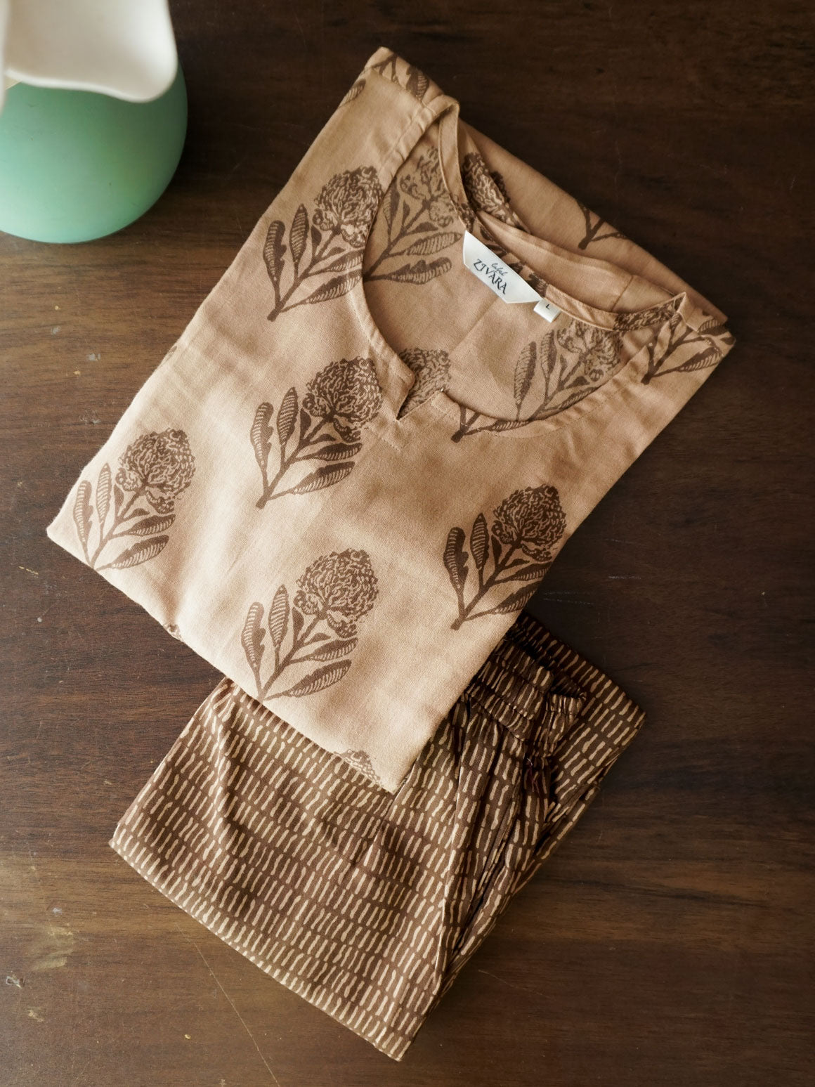 EARTHY BROWN  - TAMIRA - COMFY AND OFFICE WEAR pure handloom cotton flex Full length A- LINE  coord sets for women- Label Zivara